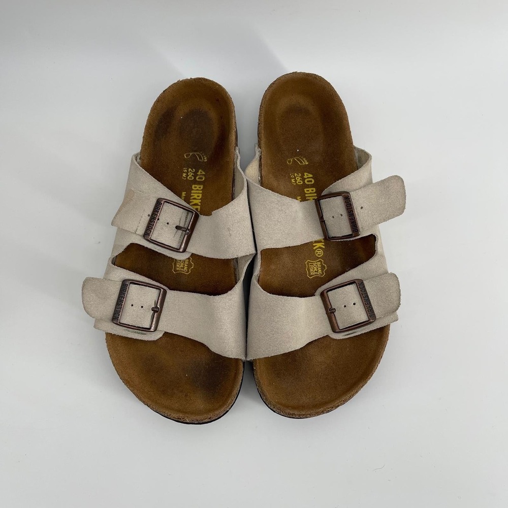Birkenstock Arizona Suede Slide Sandals Stone Gray 40 L9 M7 Cork Footbed